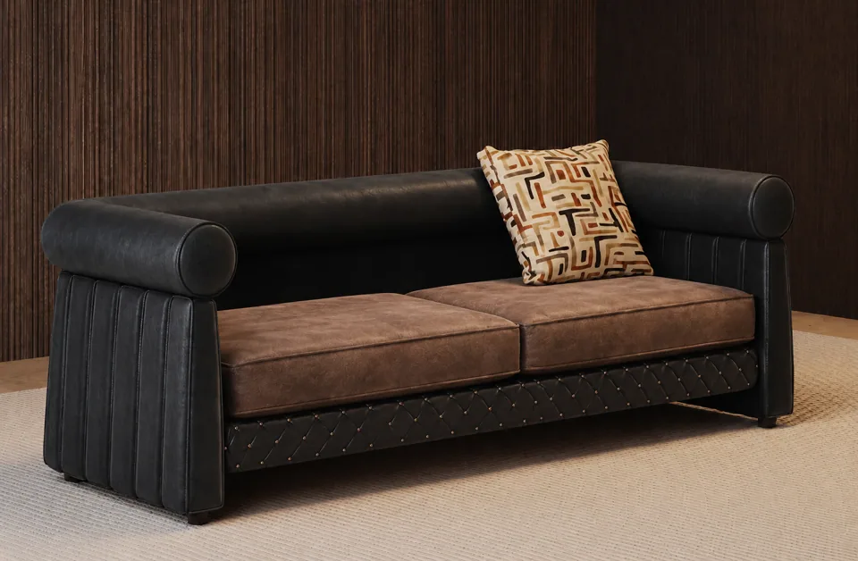 Roll-Top Quilted-Base Leather Sofa