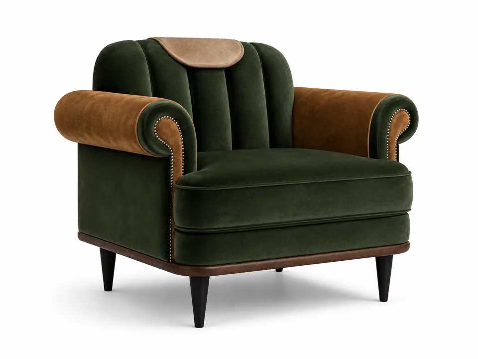 Rolled-Arm Velvet Shell Club Chair